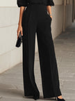 FJØRNA black chiffon top and wide-leg trousers three-piece pants set, stylish and flowing outfit for elegant occasions.