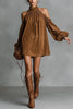 FJØRNA white off-shoulder lantern-sleeve suede mini dress, stylish and loose fit, perfect for casual or dressy occasions.
