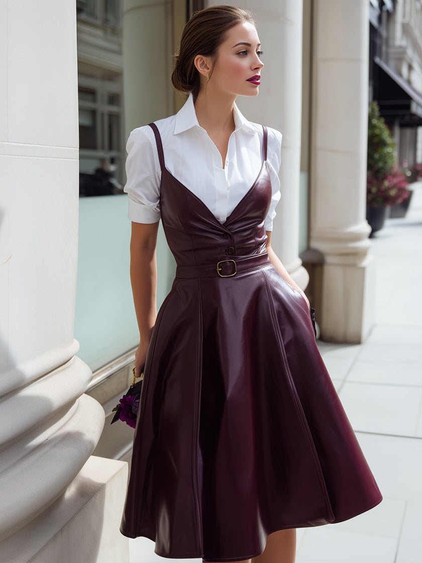 FJØRNA white button-up shirt dress with wine-red leather suspender overlay, structured fit, and long sleeves.