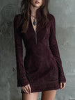 Vintage Suede Embroidered Lace Trim Women's Mini Dress - Party