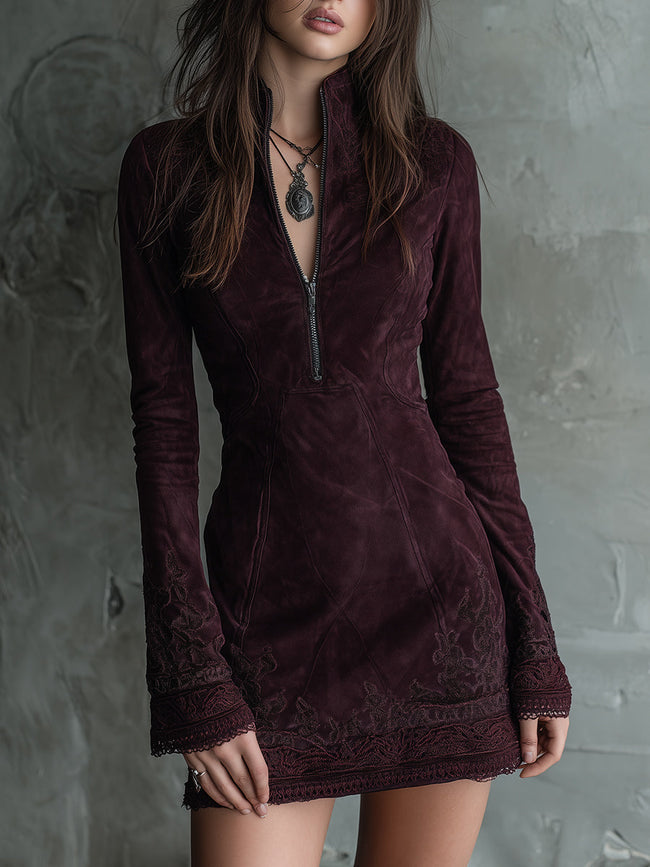 Vintage FJØRNA suede mini dress with embroidered lace trim, perfect for parties, featuring a stylish and elegant design.
