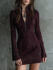 Vintage Suede Embroidered Lace Trim Women's Mini Dress - Party