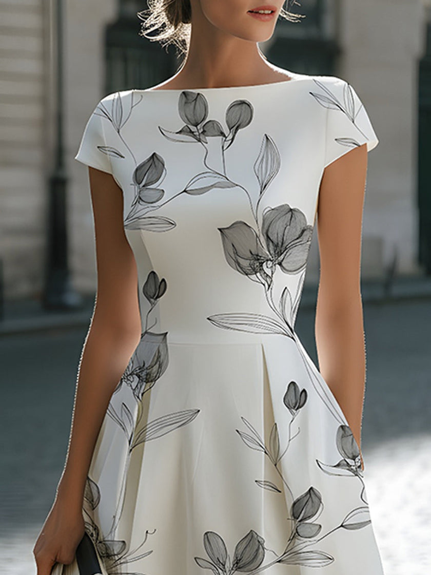 FJØRNA floral sketch print cap sleeve midi dress showing a fitted bodice, floral pattern, and flowing skirt.