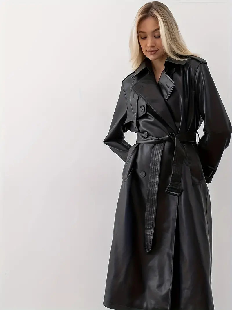 Elegant Black Leather Trench Coat - 4