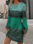 FJØRNA long sleeve loose midi dress with contrast color print, split-joint round neck, and relaxed fit.
