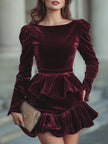 FJØRNA long sleeve layered ruffle mini dress for women, featuring a feminine ruffle design and elegant silhouette.