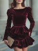 FJØRNA long sleeve layered ruffle mini dress for women, featuring a feminine ruffle design and elegant silhouette.
