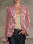 Pink contrast leopard print velvet blazer with lapel from FJØRNA, stylish jacket featuring bold animal print and soft velvet fabric.