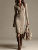 Beige knit bodycon midi dress for women by FJØRNA, featuring a minimalist design, perfect for day-to-night style.