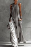 Color-blocked round neck sleeveless casual maxi dress with pockets by FJØRNA, featuring a loose fit and vibrant design.