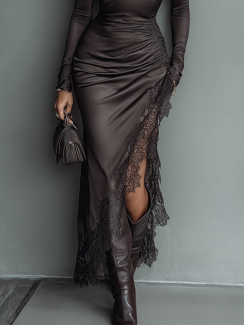 Women's dark brown satin maxi dress with irregular hem and lace details by FJØRNA, featuring a slim fit and elegant design.