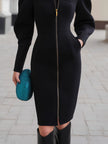 FJØRNA leather zippered midi dress with puffed long sleeves, fitted silhouette, and stylish design for a chic look.
