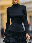 FJØRNA elegant mock neck tiered ruffle midi dress for women, featuring layered ruffles and a sophisticated silhouette.