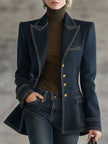 FJØRNA navy denim jacket for women with topstitch details, casual jacket with collar and button closure, stylish outerwear.