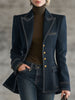 FJØRNA navy denim jacket for women with topstitch details, casual jacket with collar and button closure, stylish outerwear.
