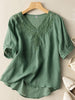 FJØRNA women's summer V-neck linen blouse, flowy and casual, featuring a relaxed fit and lightweight breathable fabric.
