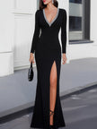 FJØRNA crystal-embellished deep V slit evening gown with long sleeves, elegant maxi dress for formal occasions.