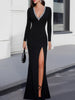 FJØRNA crystal-embellished deep V slit evening gown with long sleeves, elegant maxi dress for formal occasions.