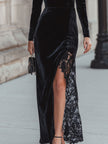FJØRNA black velvet turtleneck gown with lace slit, elegant black lace dress featuring a fitted silhouette and intricate lace detailing.