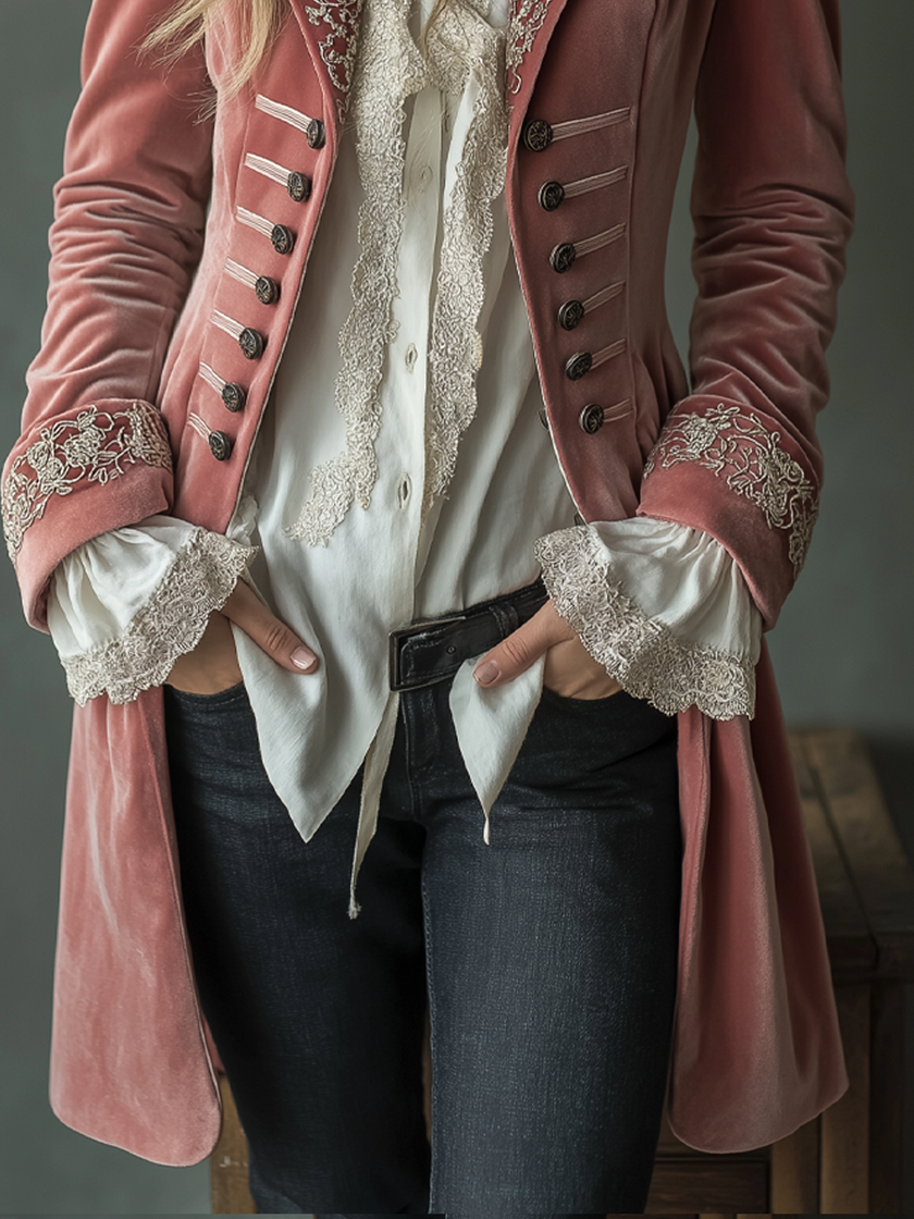 Pink floral embroidered velvet blazer for women by FJØRNA, featuring elegant embroidery and a tailored fit.