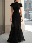 FJØRNA white high-neck evening dress with pearl-trim puff sleeves and sheer panels, elegant evening gown for women.
