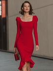 Red square-neck puff-sleeve bodycon midi dress by FJØRNA, showcasing a fitted silhouette and stylish design.