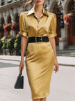 FJØRNA satin belted midi dress with long sleeves and a sophisticated, flowing design for elegant occasions.