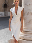 FJØRNA cap sleeve draped overlap V-neck midi dress for women, shown with flowing fabric and elegant fit.