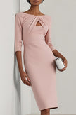 FJØRNA solid color round neck slim-fit midi dress with hollowed-out details, elegant and stylish for women.