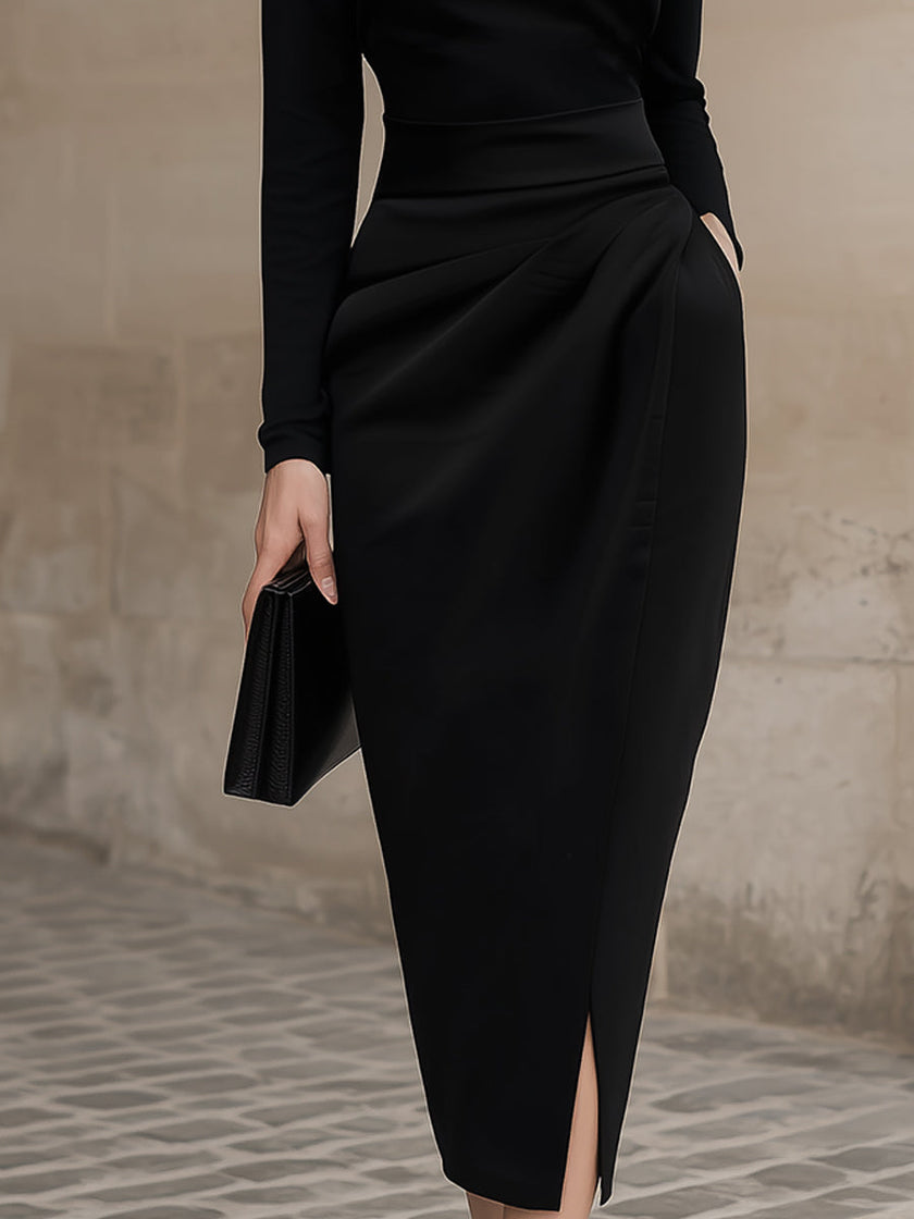 FJØRNA black turtleneck draped midi dress showcasing a sleek, fitted silhouette with elegant draping details.