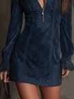 Blue lace trim mini dress by FJØRNA, elegant evening dress with intricate lace details and a fitted silhouette.