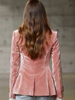 Pink velvet blazer for women with gold buttons, stylish FJØRNA jacket suitable for elegant and casual wear.