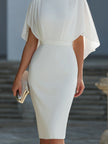 FJØRNA embellished neckline cape-sleeve sheath midi dress for women, featuring intricate details and a sleek, elegant design.
