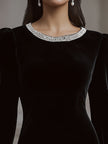 FJØRNA elegant velvet mini dress with embellished neckline and floral cuff detail, stylish women's velvet dress.