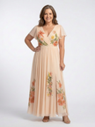 FJØRNA women's floral summer maxi dress with short sleeves and pleated design, flowing and lightweight for warm weather.