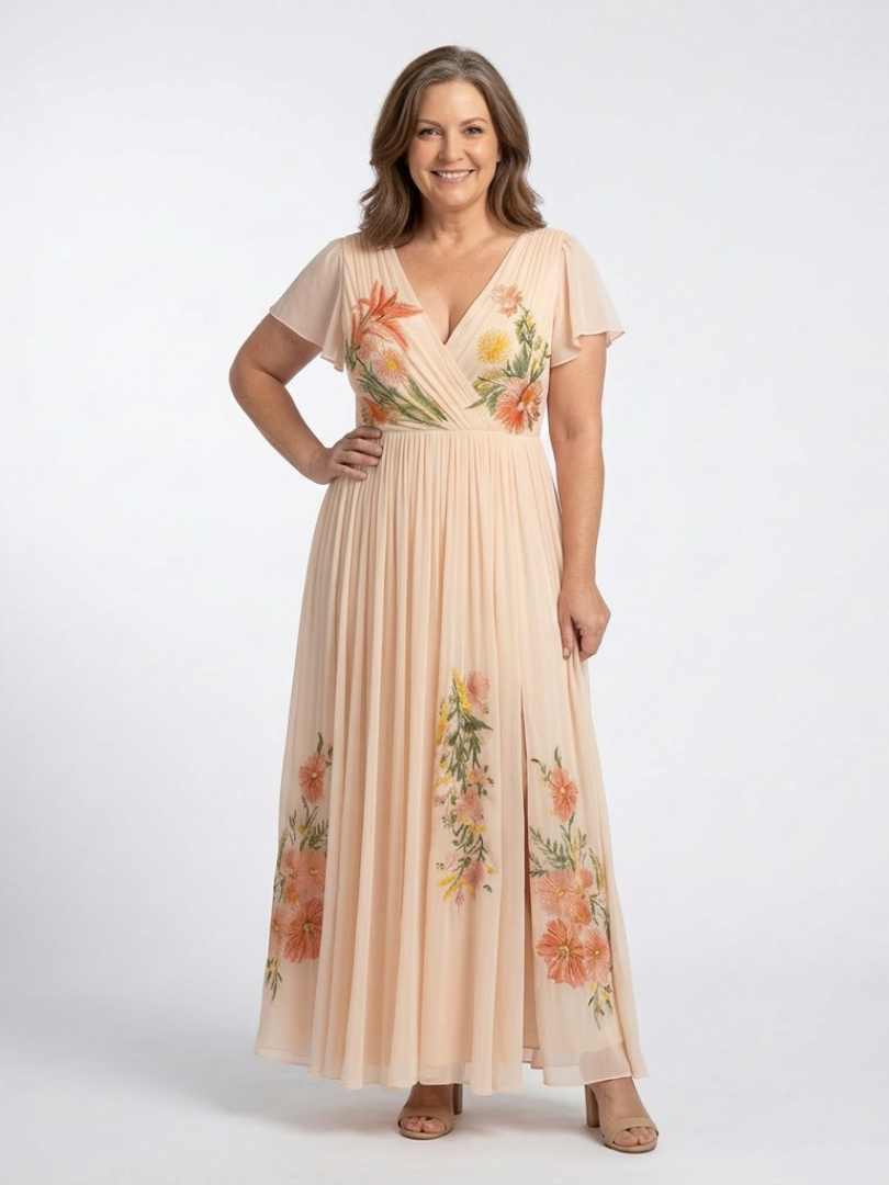 FJØRNA women's floral summer maxi dress with short sleeves and pleated design, flowing and lightweight for warm weather.
