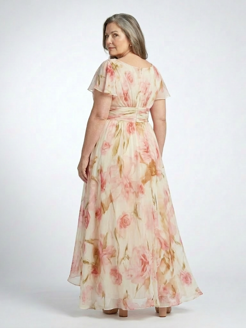 FJØRNA women's floral maxi dress with short sleeves, flowy fabric, elegant design, perfect for summer or special occasions.