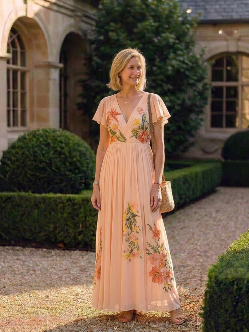 FJØRNA women's floral summer maxi dress with short sleeves and pleated design, perfect for warm weather.