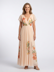 FJØRNA women's floral summer maxi dress with short sleeves and pleated design, perfect for warm weather.