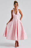 Navy FJØRNA Bruna wedding guest halter midi dress with elegant fit and flare silhouette, suitable for formal occasions.