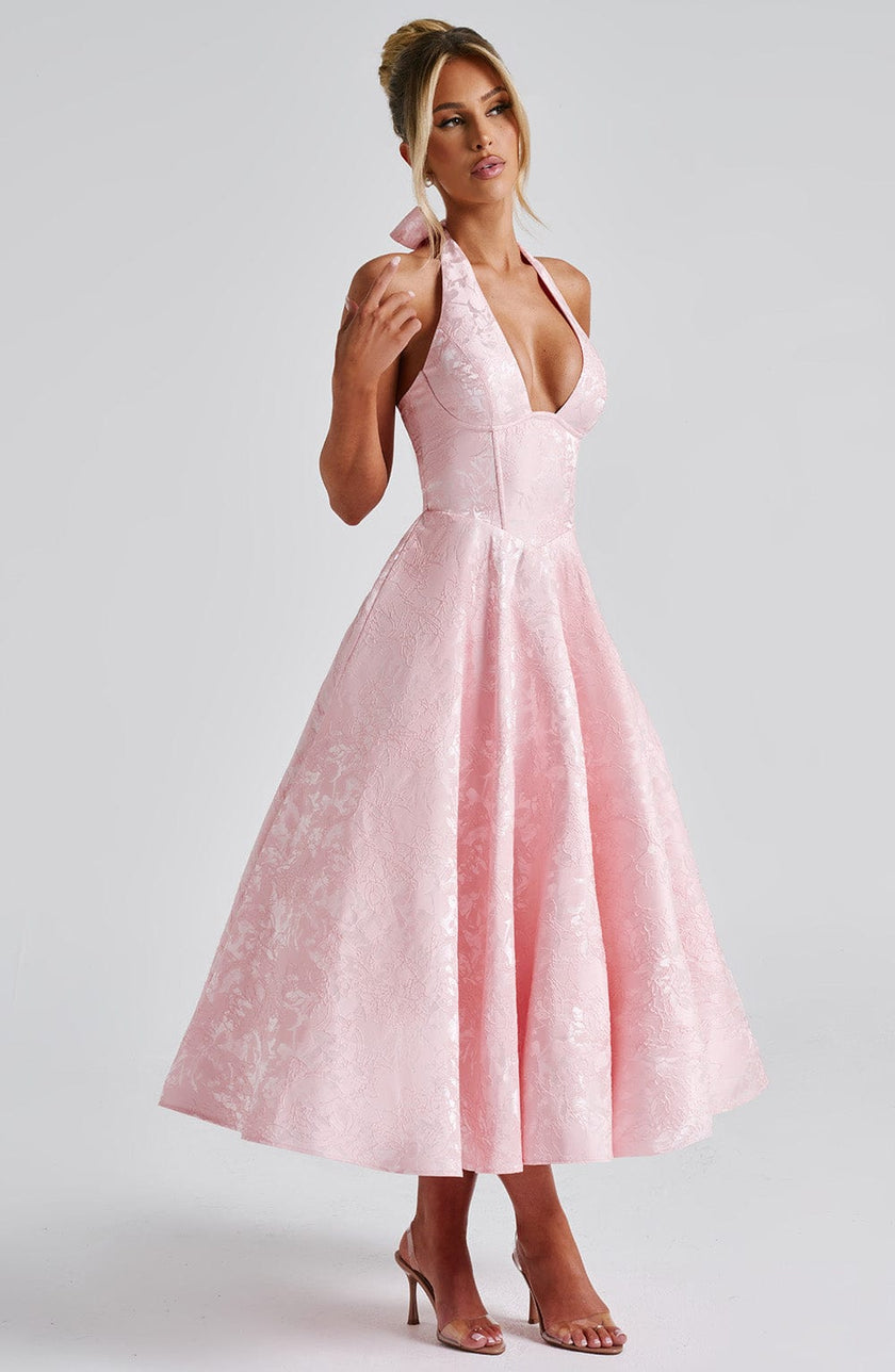 Navy Bruna Wedding Guest Halter Midi Dress by FJØRNA, featuring a sleek halter neckline and elegant midi length for special occasions