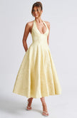 Navy Bruna wedding guest halter midi dress by FJØRNA, elegant midi dress with halter neckline suitable for special occasions
