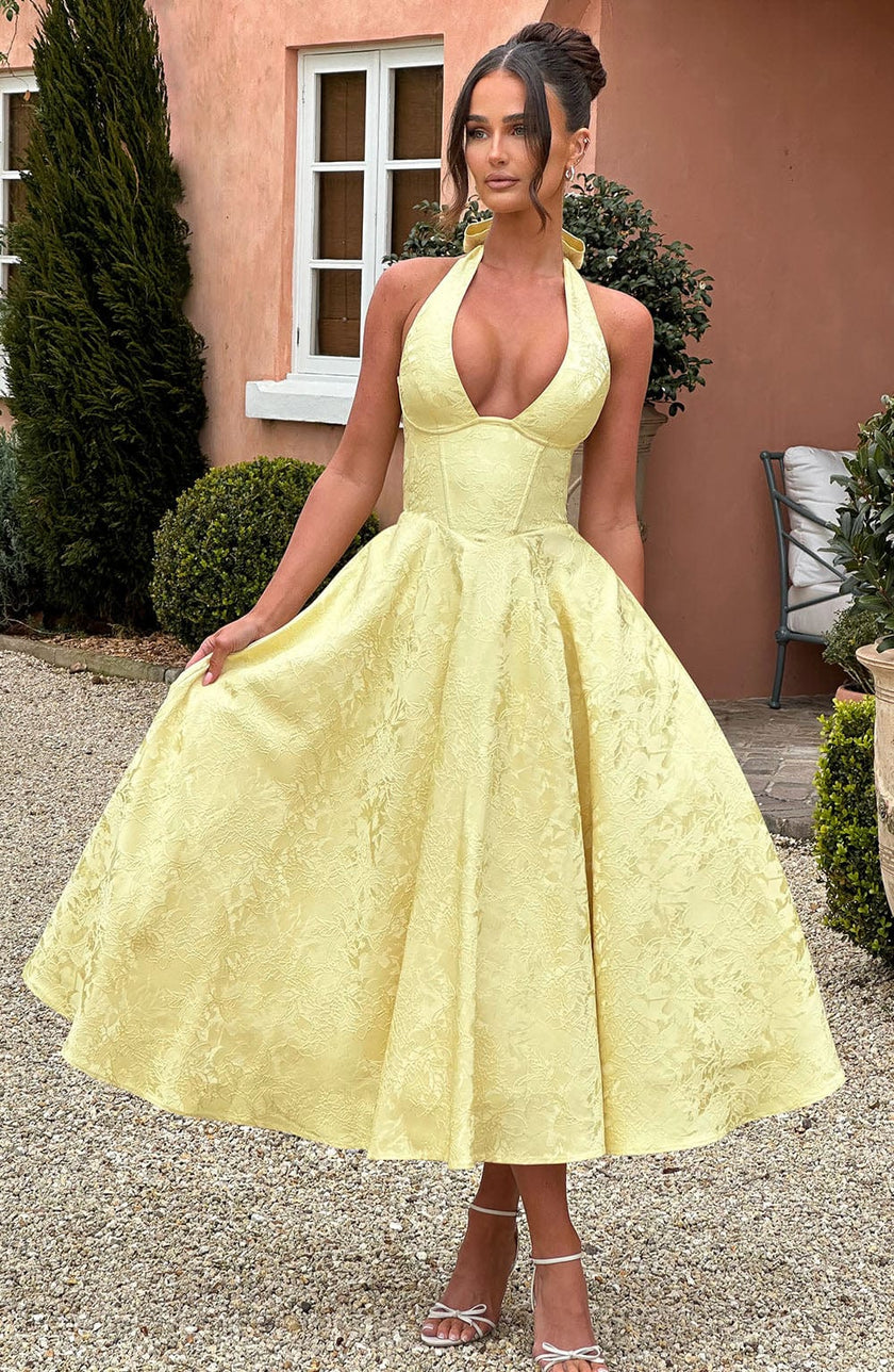 FJØRNA Bruna wedding guest halter midi dress in navy, featuring a stylish and elegant design for special occasions.