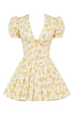 FJØRNA Emily Floral V-neck Corset Mini Dress in yellow, featuring a fitted bodice, floral print, and short length.