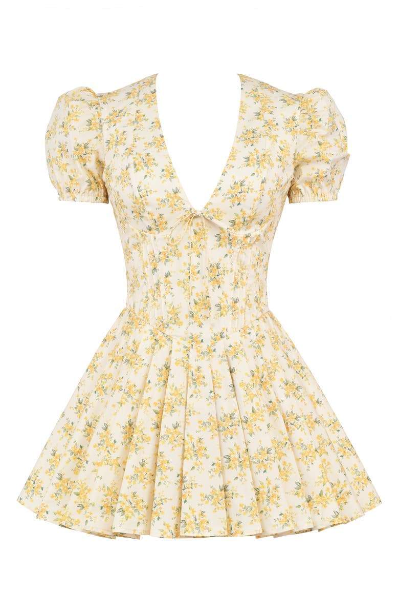 FJØRNA Emily Floral V-neck Corset Mini Dress in yellow, featuring a fitted bodice, floral print, and short length.