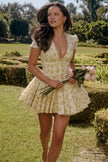 Yellow Emily Floral V-neck Corset Mini Dress by FJØRNA, showcasing a fitted bodice, floral pattern, and mini length.
