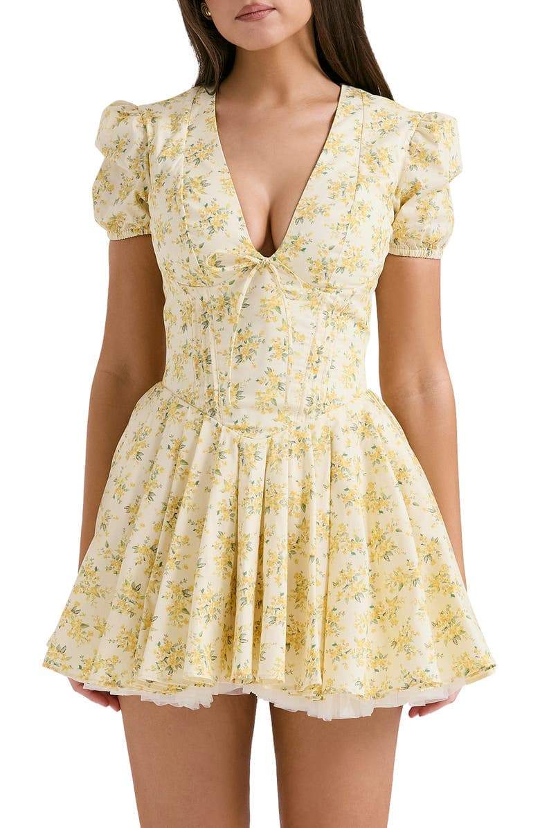 Yellow Emily Floral V-neck Corset Mini Dress by FJØRNA, featuring a fitted bodice and floral print, perfect for summer wear.