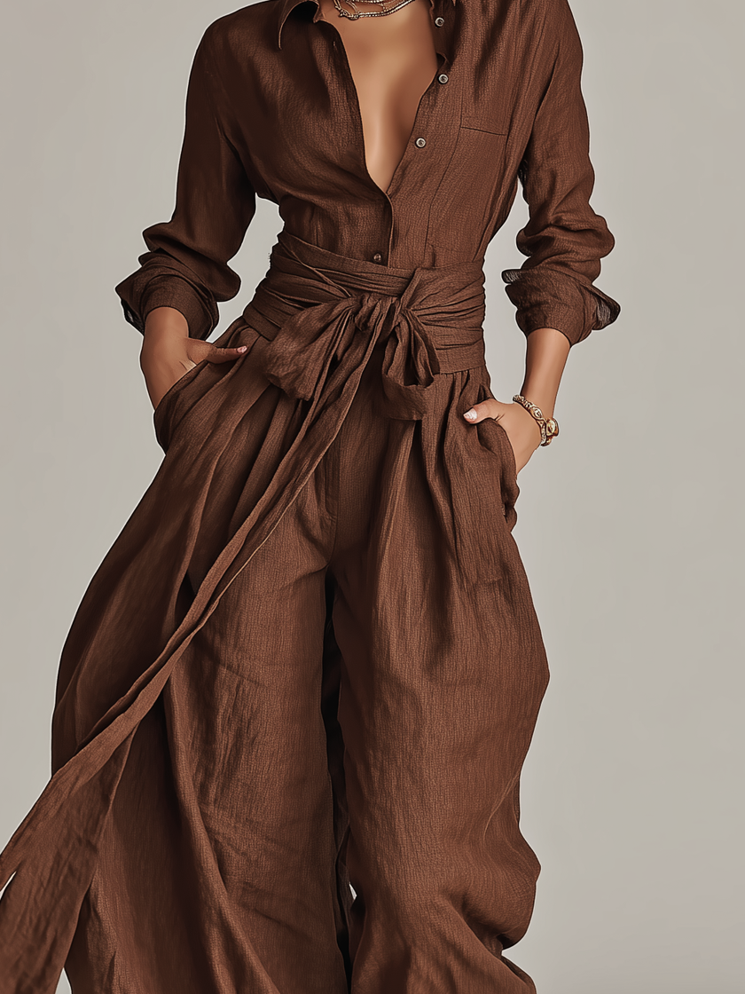 Full-body view of FJØRNA women's cotton-linen jumpsuit with shirt collar, long sleeves, wide-leg pants, and belt in brown.