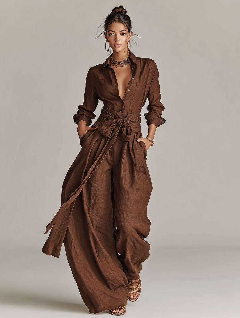 FJØRNA women's cotton-linen jumpsuit with shirt collar, long sleeves, wide-leg pants, and waist belt in brown color.