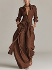 FJØRNA cotton-linen women's jumpsuit with shirt collar, long sleeves, wide-leg pants, and belt in brown, full-body view